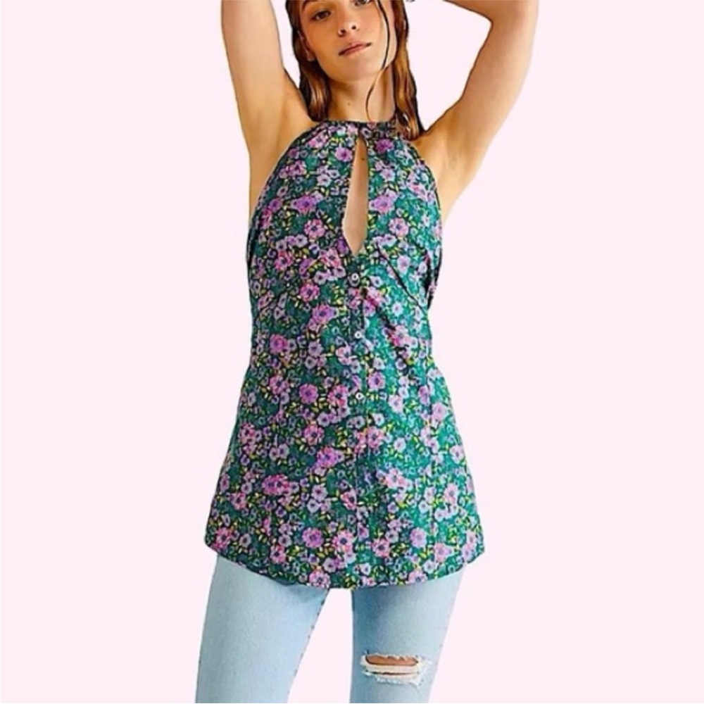 Free People Lyla Tunic Blouse Top Size XS Green Blossom Floral Halterneck Boho